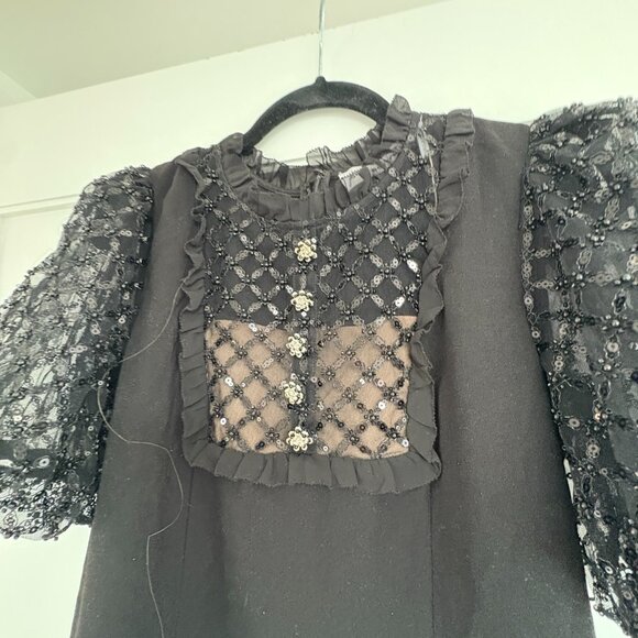 Self-Portrait Mini Dress Black Crepe LBD Puff Sleeves Lace Embellished Bib Sz 6 - Picture 3 of 9